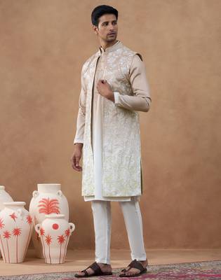 Beige embroidered long jacket kurta set 3
