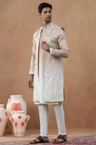 Beige embroidered long jacket kurta set