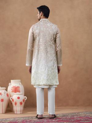 Beige embroidered long jacket kurta set 4
