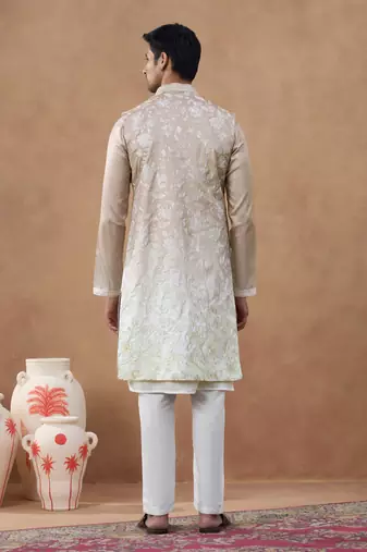 Beige embroidered long jacket kurta set