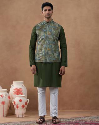 Green printed bundi kurta set 1