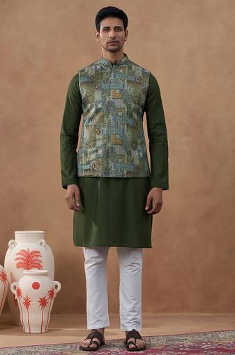 Green printed bundi kurta set