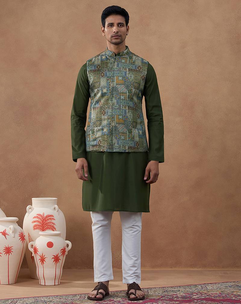 Green printed bundi kurta set