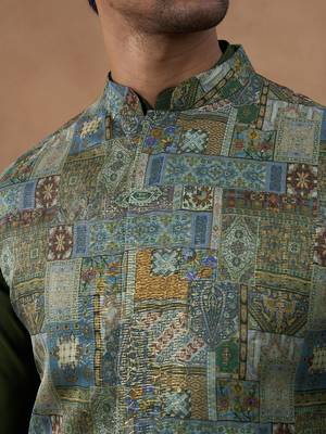 Green printed bundi kurta set 2
