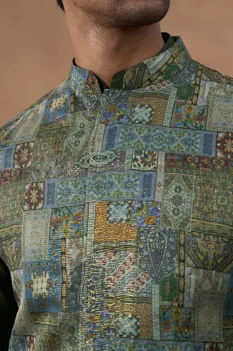 Green printed bundi kurta set