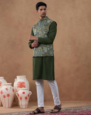 Green printed bundi kurta set 3