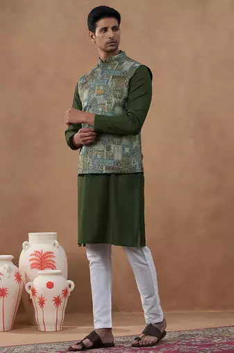 Green printed bundi kurta set