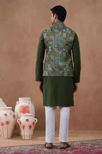 Green printed bundi kurta set