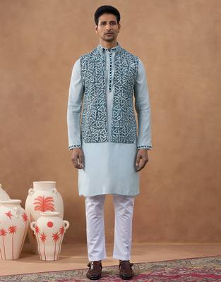 Light blue ikat print bundi with kurta set 1