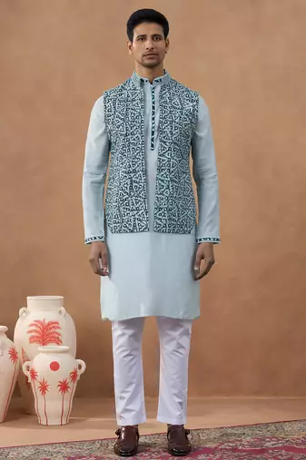 Light blue ikat print bundi with kurta set
