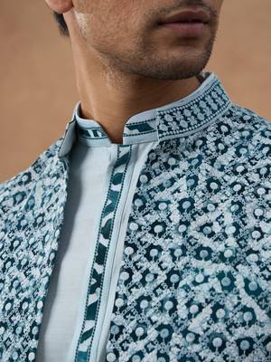 Light blue ikat print bundi with kurta set 2