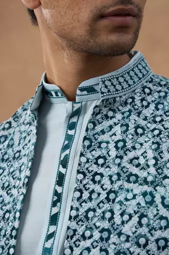 Light blue ikat print bundi with kurta set