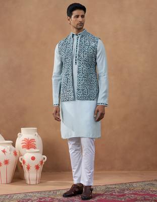 Light blue ikat print bundi with kurta set 3