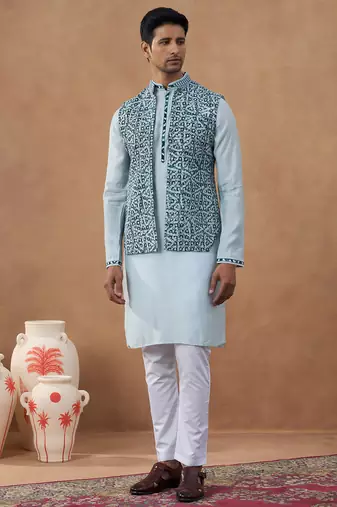 Light blue ikat print bundi with kurta set