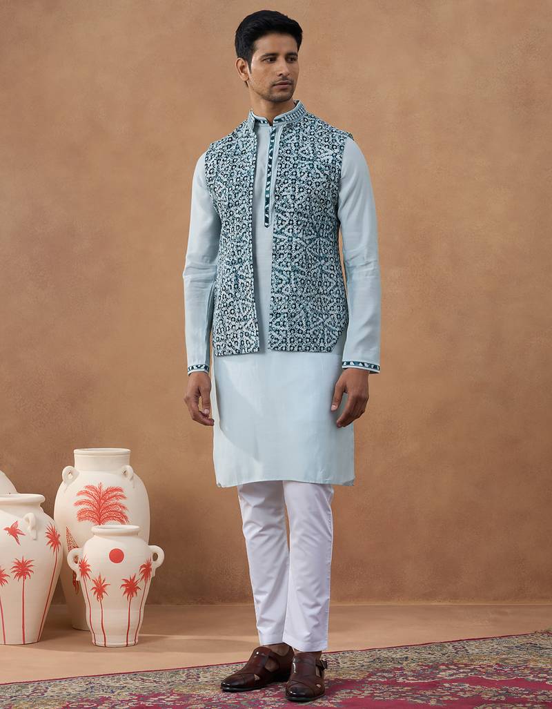 Light blue ikat print bundi with kurta set