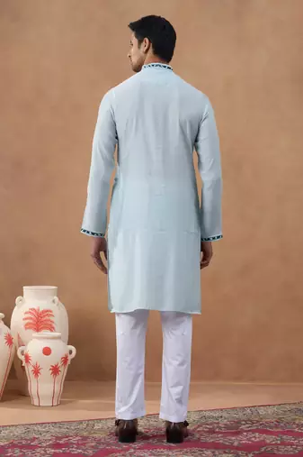 Light blue ikat print bundi with kurta set