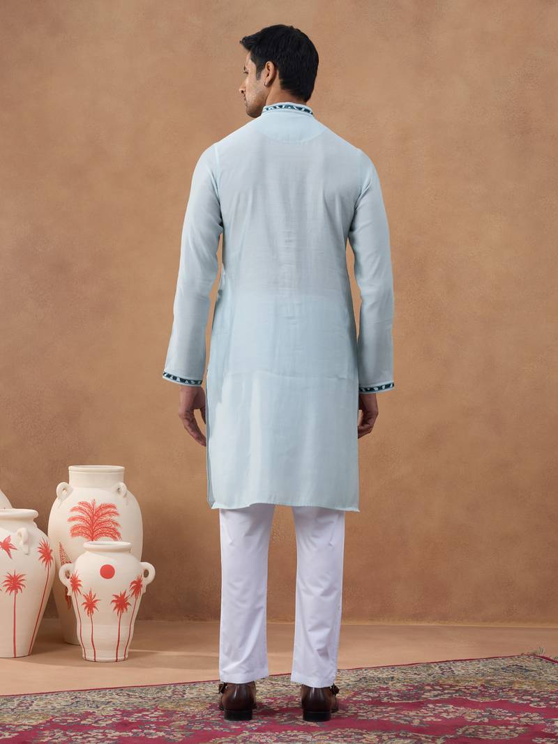 Light blue ikat print bundi with kurta set