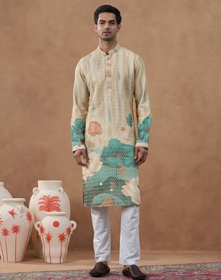 Cream floral printed chikankari kurta set 1