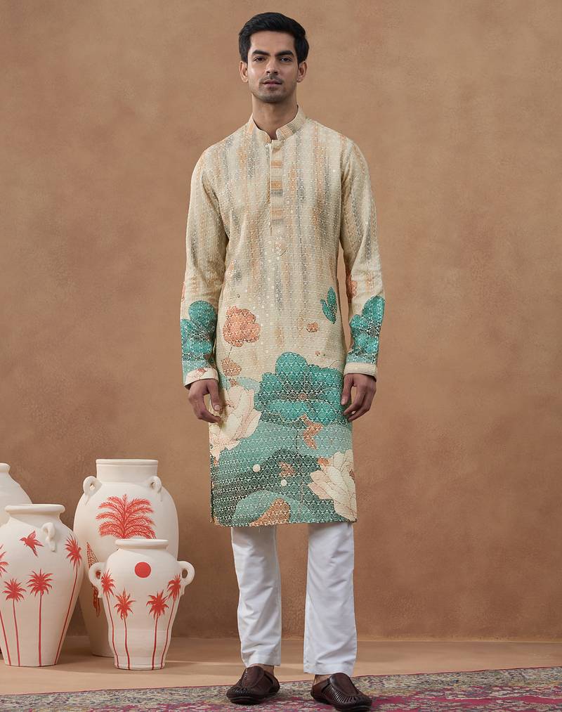 Cream floral printed chikankari kurta set