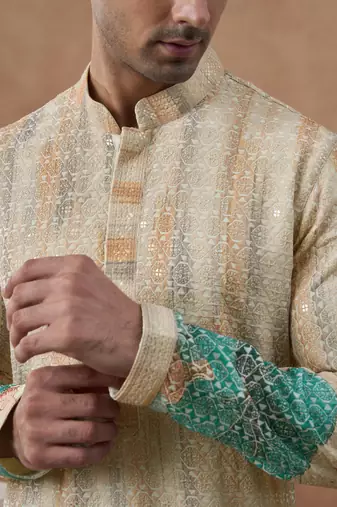 Cream floral printed chikankari kurta set