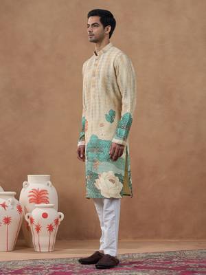 Cream floral printed chikankari kurta set 3