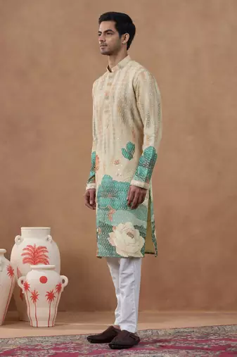 Cream floral printed chikankari kurta set