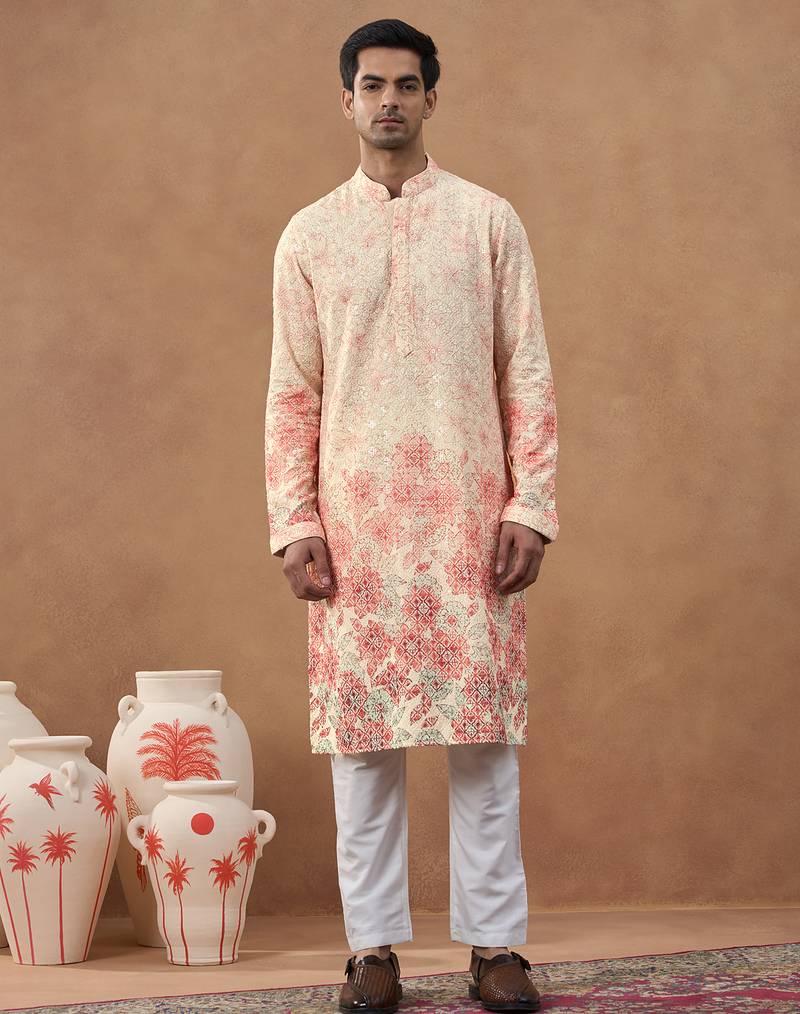 Cream ombre chikankari printed kurta set