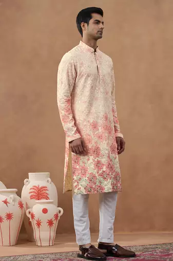 Cream ombre chikankari printed kurta set