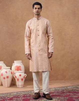 Peach brocade front-open kurta set 1