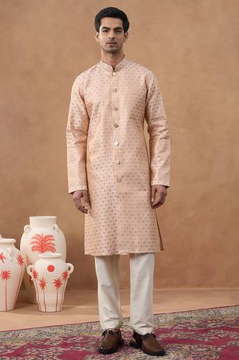 Peach brocade front-open kurta set
