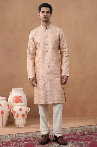 Peach brocade front-open kurta set
