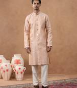 Peach brocade front-open kurta set