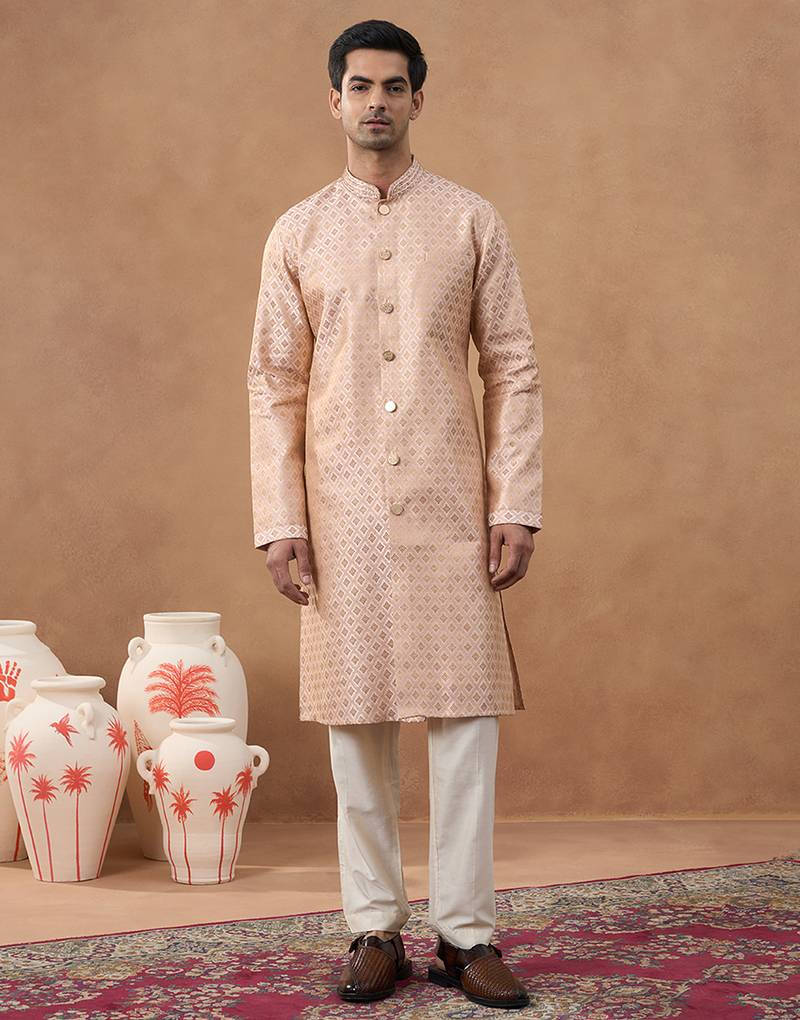 Peach brocade front-open kurta set