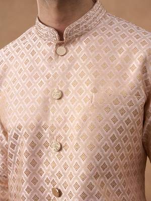 Peach brocade front-open kurta set 2