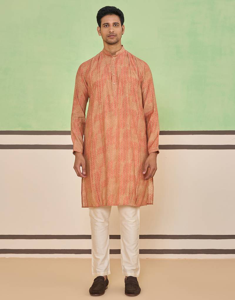 Peach gold ethnic textured kurta set