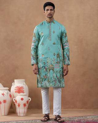 Aqua green heritage embroidered kurta set 1