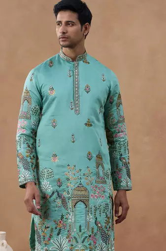 Aqua green heritage embroidered kurta set