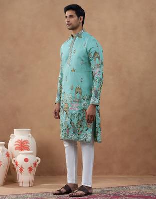 Aqua green heritage embroidered kurta set 3