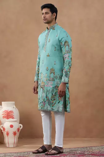 Aqua green heritage embroidered kurta set