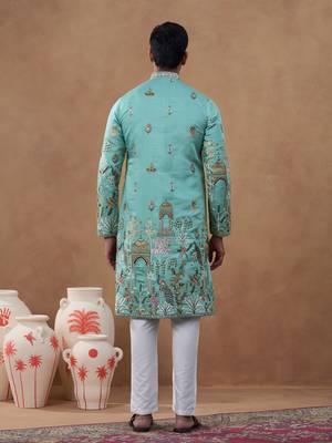 Aqua green heritage embroidered kurta set 4