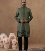 Olive green kurta with black floral embroidery set