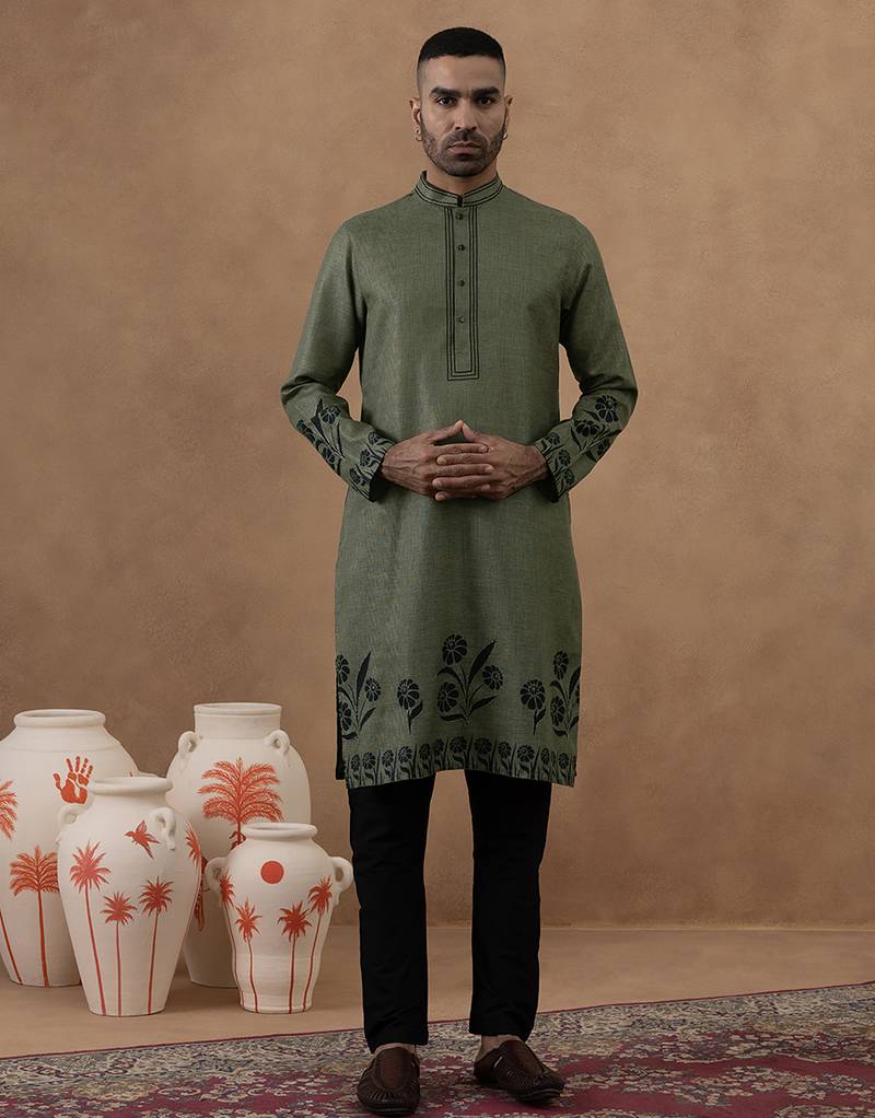 Olive green kurta with black floral embroidery set