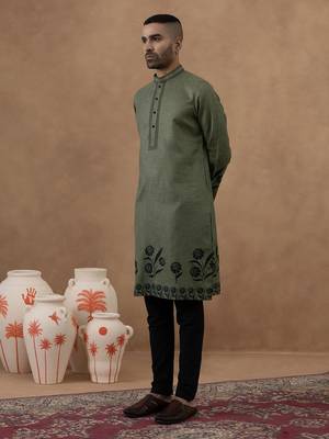 Olive green kurta with black floral embroidery set 3
