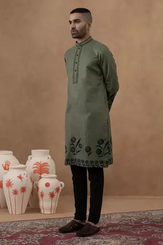 Olive green kurta with black floral embroidery set