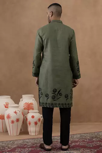 Olive green kurta with black floral embroidery set