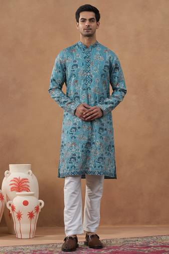 Teal printed cotton kurta set