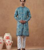 Teal printed cotton kurta set