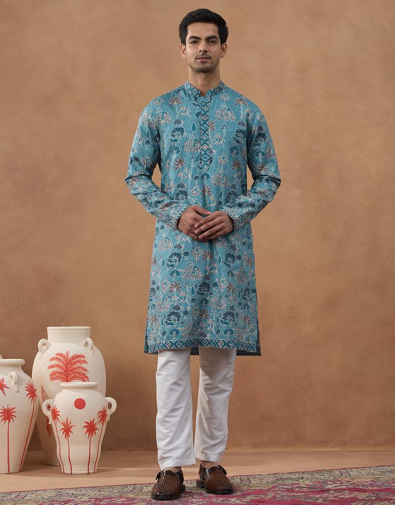 Teal printed cotton kurta set