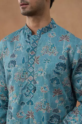 Teal printed cotton kurta set