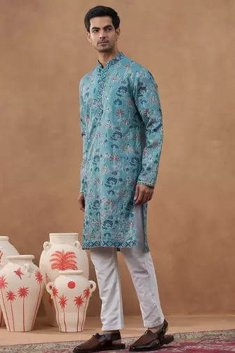 Teal printed cotton kurta set